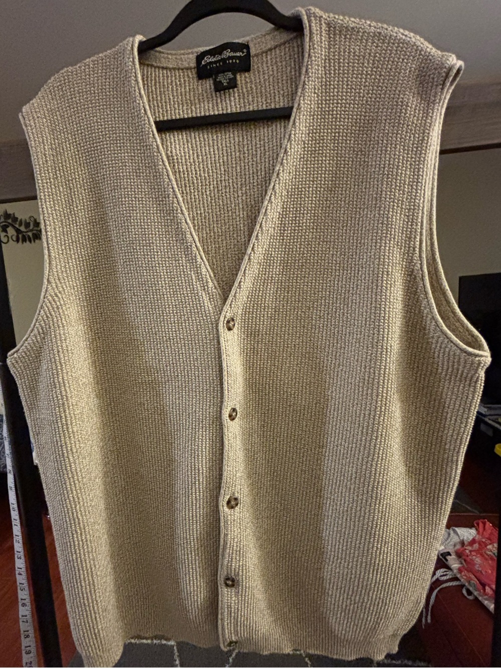 Vintage 90s Eddie Bauer Beige Knit Button Vest for Men -